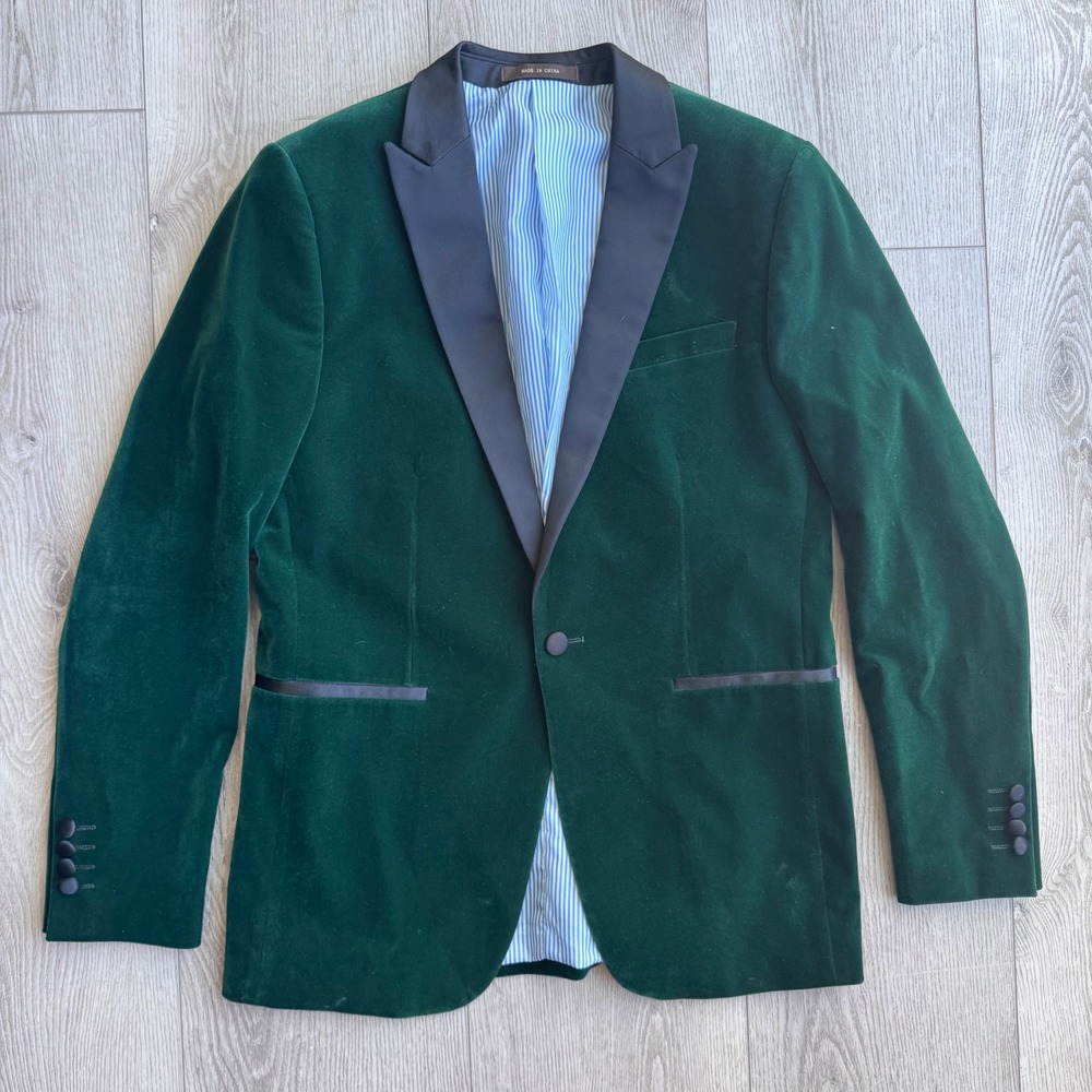 Vitarelli Italy Green Velvet Tuxedo Blazer Mens 38R Black Satin Peak Lapel YF003